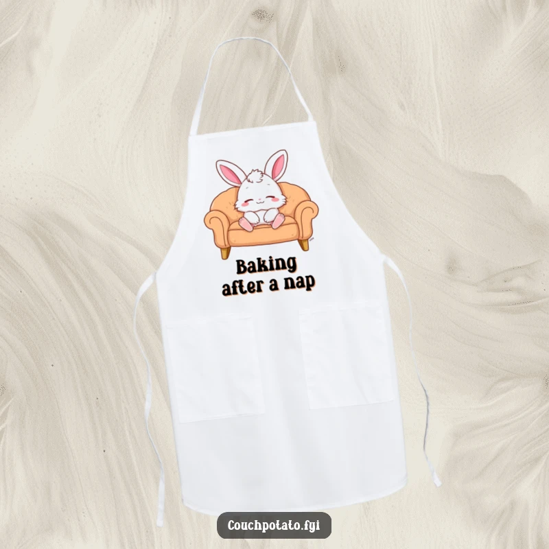 Funny Apron: A fluffy bunny lounges contentedly on a sofa while wearing an apron. A fun and functional funny gift.