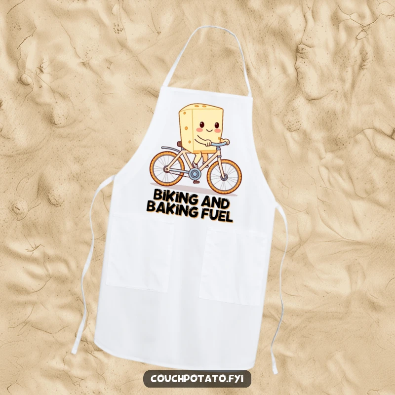 Funny cream cheese riding a cracker bike, featured on a practical apron, perfect for kitchen antics and culinary creativity.