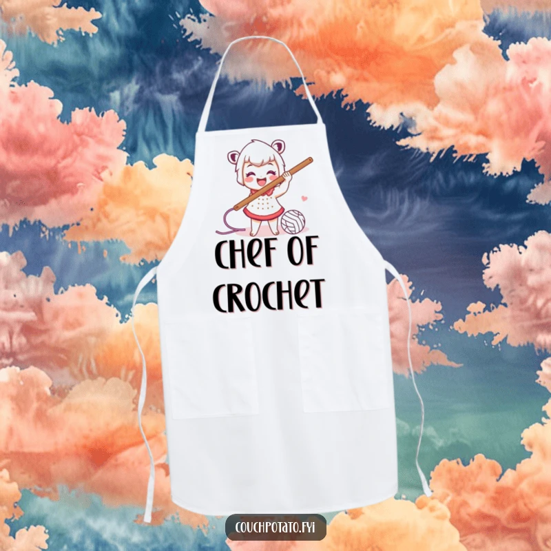 Funny apron with an enthusiastic crocheter swinging a large crochet hook and yarn, perfect for protecting clothes with humor.