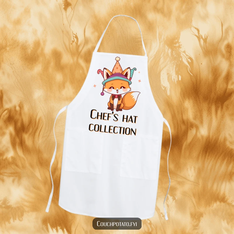 Funny playful fox wearing various hats while cooking on a kitchen apron, adding a humorous touch to culinary adventures.