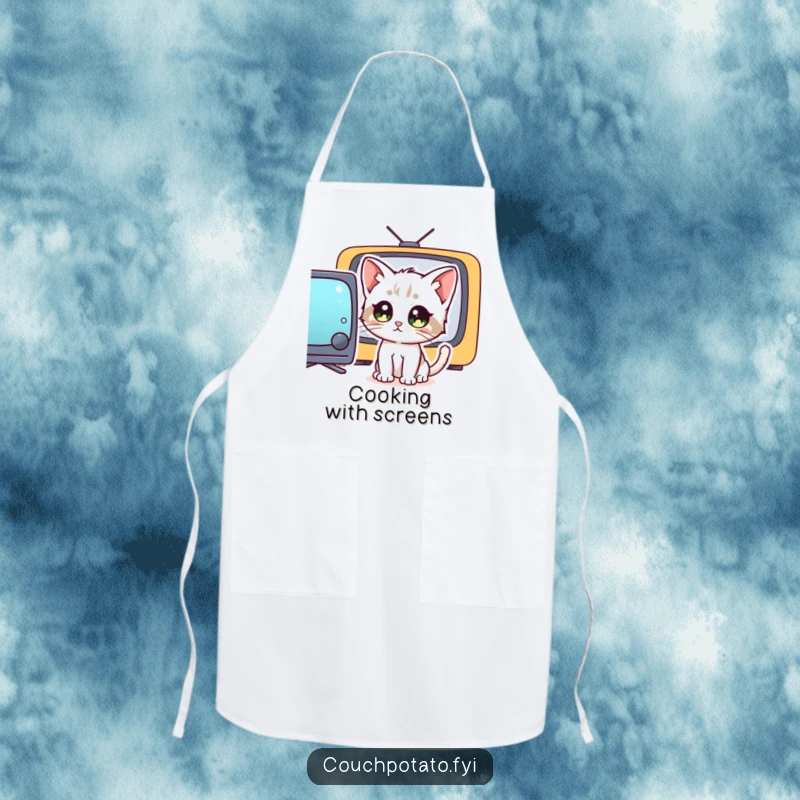 Funny wide-eyed kitten intensely watching a television, depicted on a protective apron, ideal for a humorous kitchen experience.