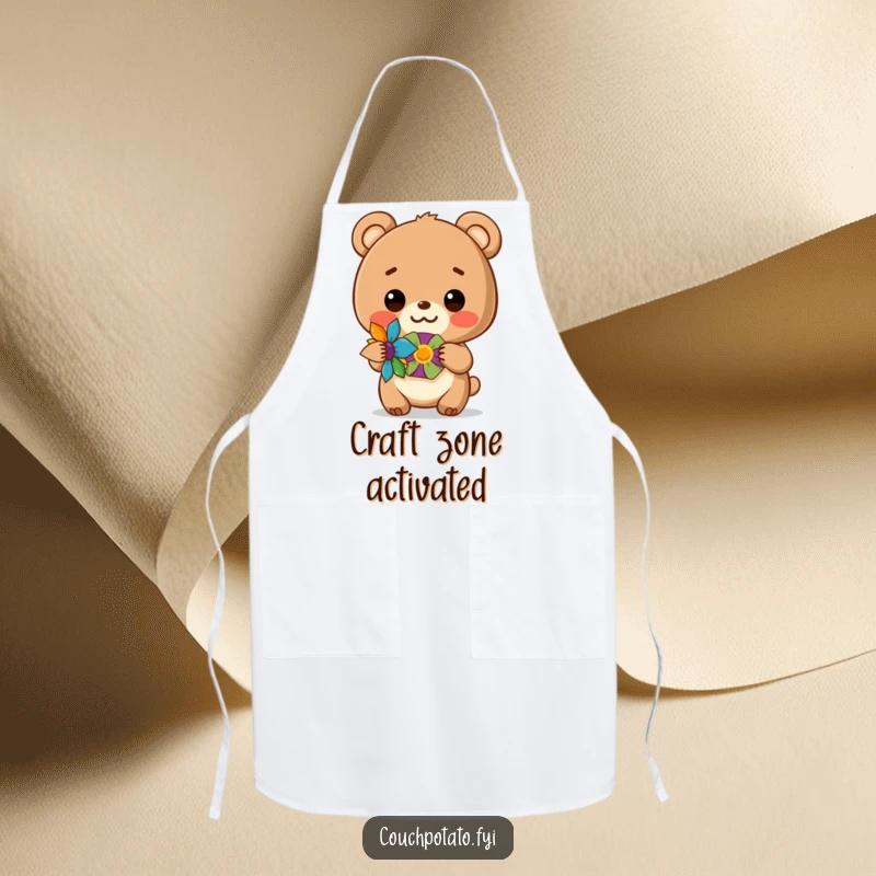 Funny apron adorned with a bear cub showing off a colorful craft, perfect for keeping clean during messy projects.
