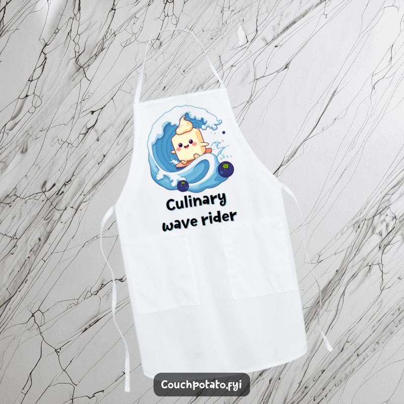 Funny cream cheese tub surfing a blueberry wave, featured on a practical apron for a fun and messy kitchen experience.