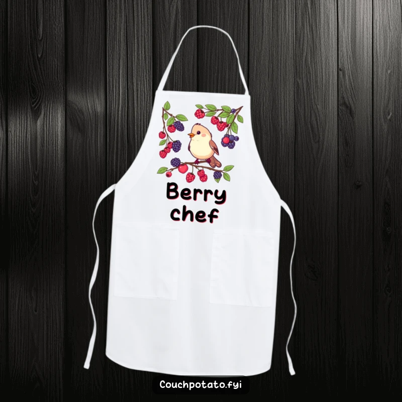 Funny apron showing a busy bird tasting various berries from different branches, adding a touch of whimsical foodie humor to cooking.