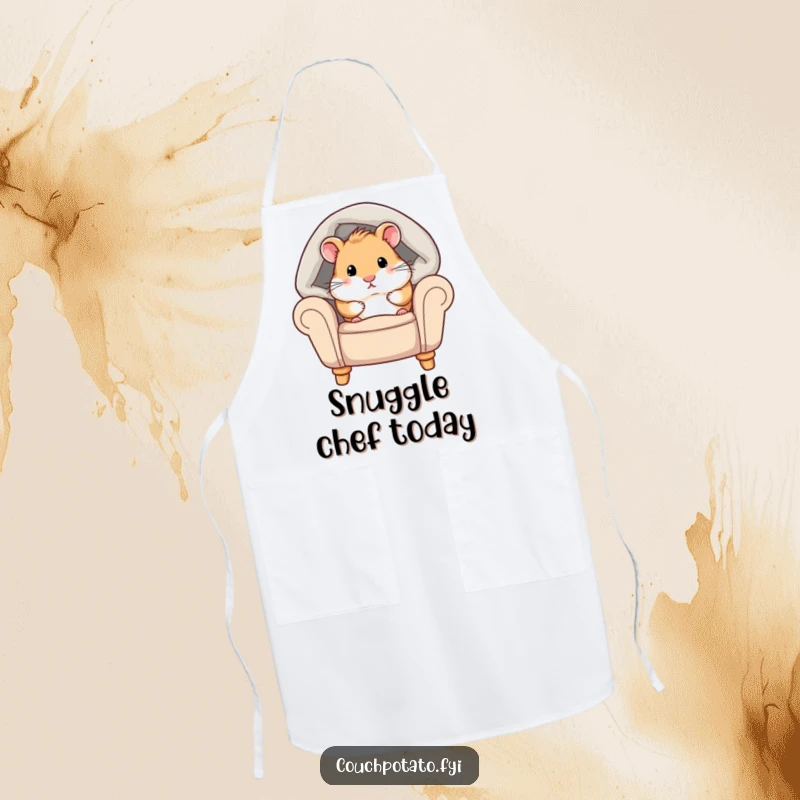 Funny hamster apron with a chubby hamster peeking from under a cozy blanket on an armchair, ideal for comfortable and cheerful cooking.