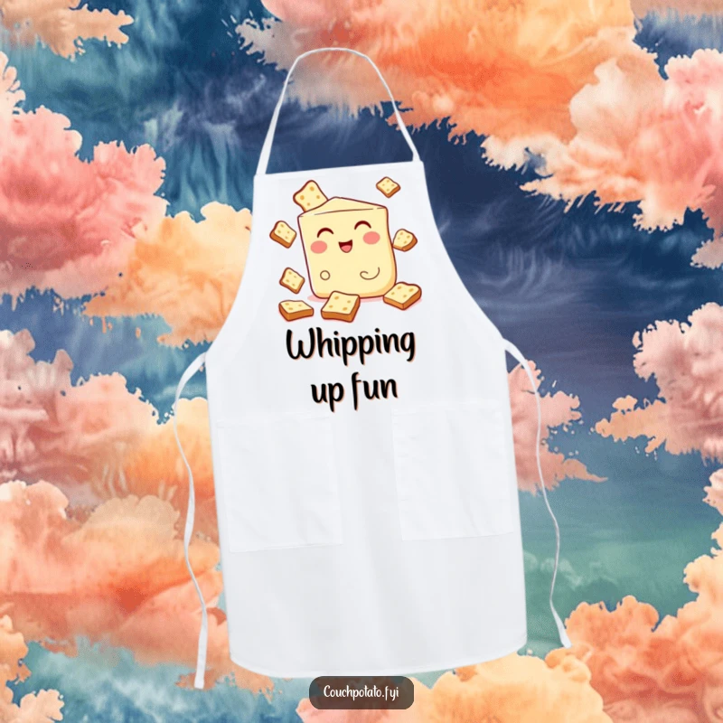 Funny apron with a winking cream cheese wedge juggling toast, perfect for adding humor and flair to kitchen activities.