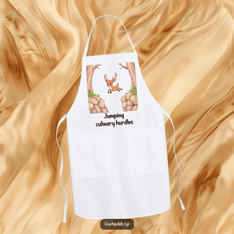 Funny Deer Apron: A determined deer attempts an impossible jump, bringing humor and courage to any kitchen task.