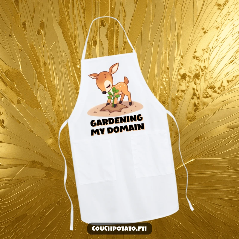 Funny deer apron, depicting a playful deer carefully patting soil around a young sapling, perfect for gardening.