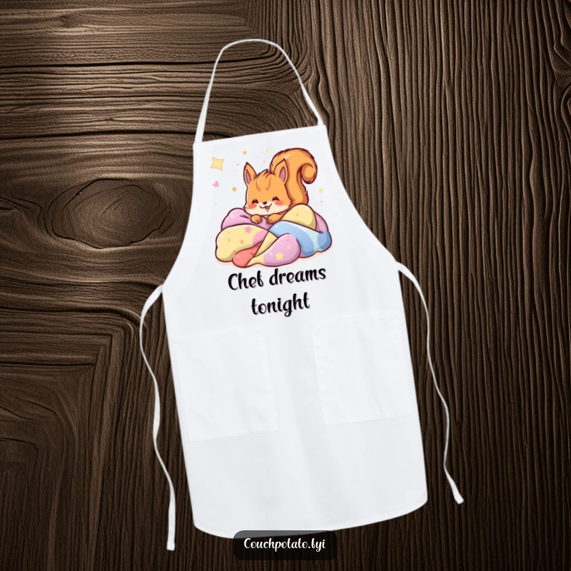Funny squirrel buried in colorful blankets dreaming, wearing a chef's hat on a humorous kitchen apron.