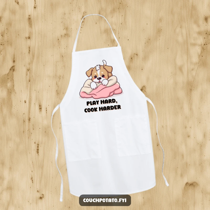 Funny energetic puppy tumbling headfirst into blankets, tail wagging furiously, a humorous and functional apron.