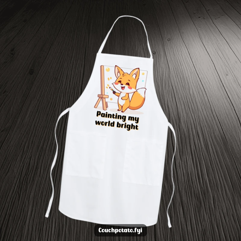 Funny Fox Apron: A cheerful fox artist enthusiastically paints a canvas with a huge smile, ready for messy kitchen tasks.