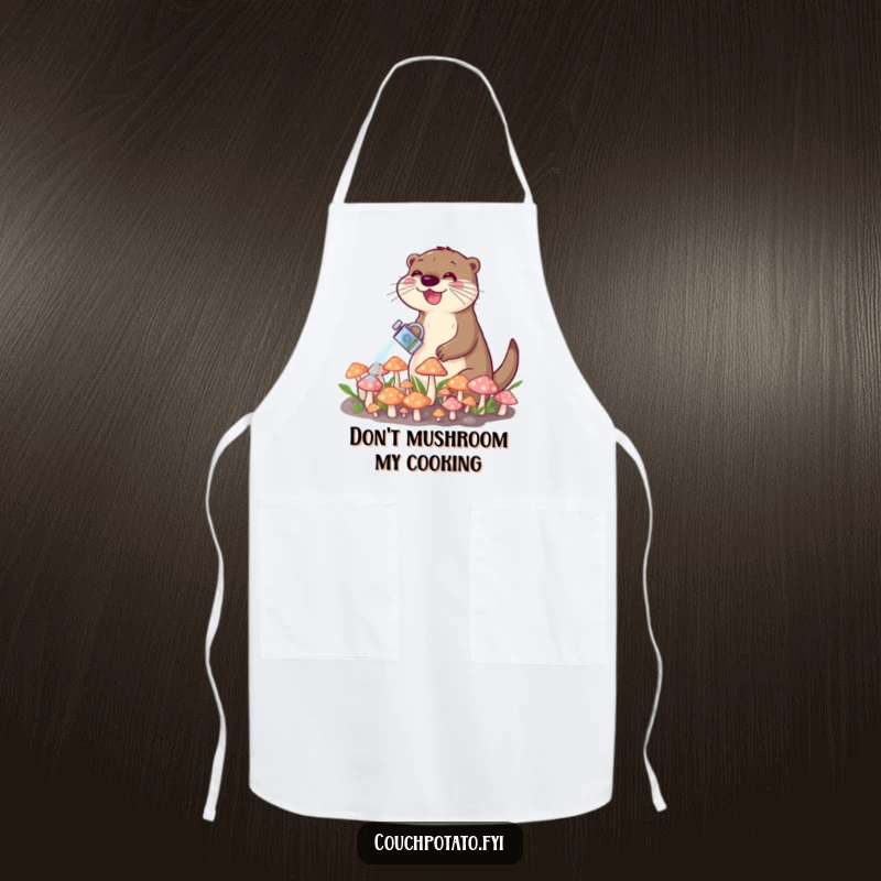 Funny apron with a happy otter watering a patch of tiny, vibrant mushrooms, adding a whimsical touch to cooking or gardening.
