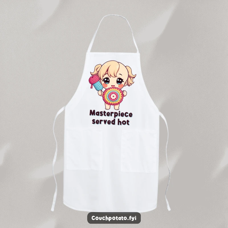Funny apron showing a character proudly displaying a finished crocheted object with a flourish, designed for makers who celebrate their work.