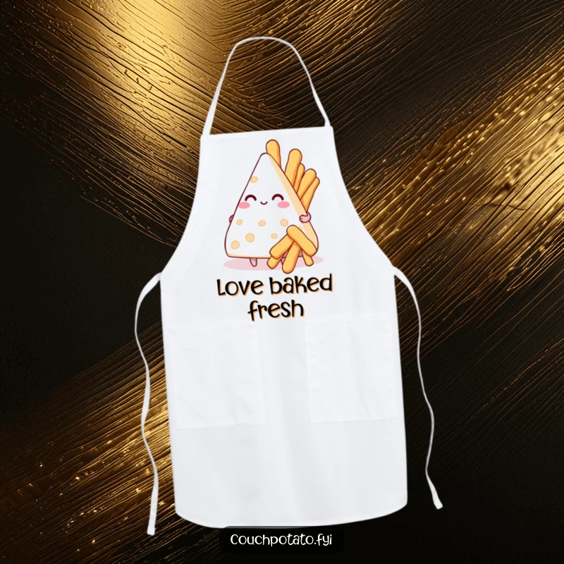 Funny apron with a cream cheese triangle offering breadsticks, perfect for cooking with love and humor.