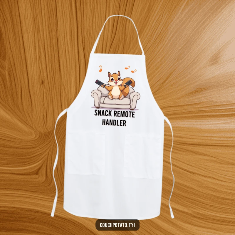 Funny squirrel apron showing a character joyfully juggling remote controls, ready to add humor to any cooking or crafting session.