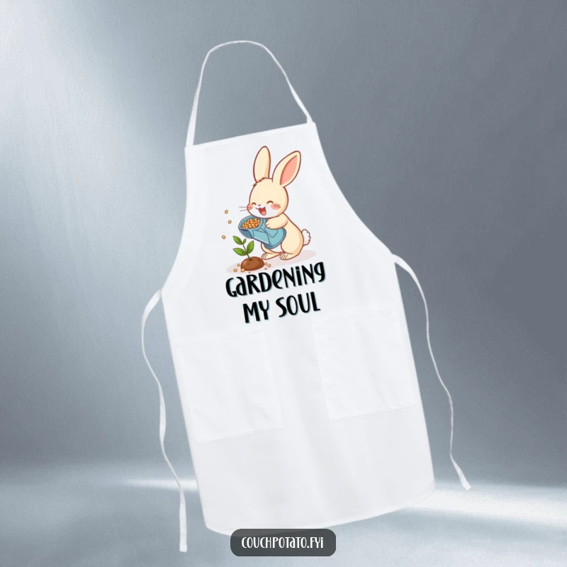 Funny rabbit gardener apron, a cheerful bunny scattering seeds with a watering can onto a plant, kitchen wear with a humorous twist.