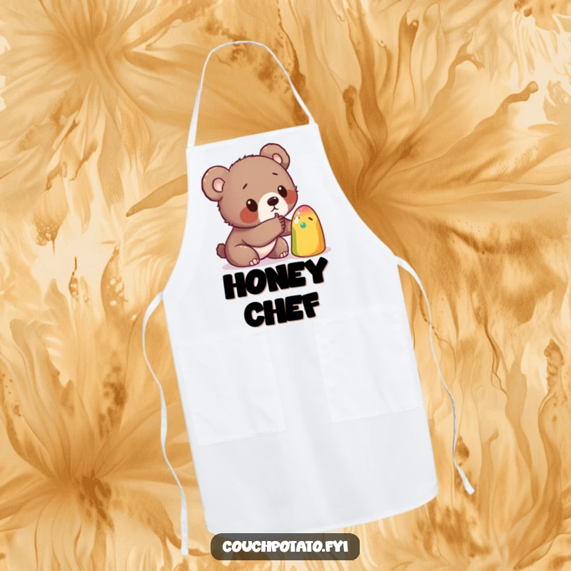 Funny apron showing a curious bear cub poking a strange, colorful object, adding a touch of playful investigation to cooking or crafting.