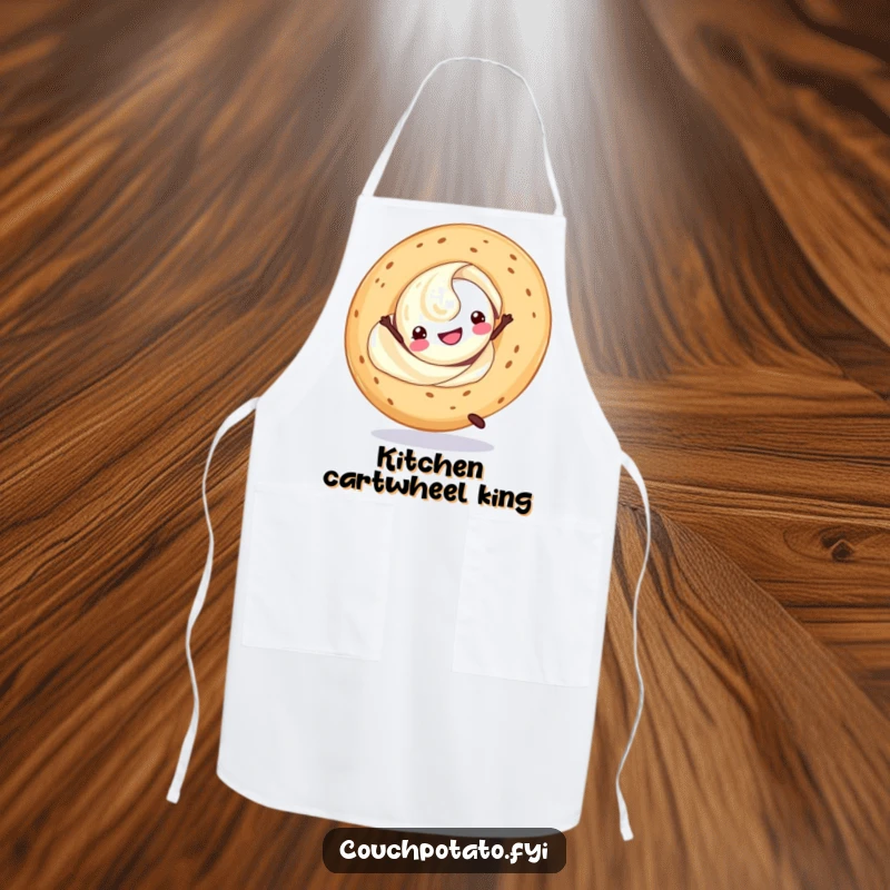 Funny cream cheese swirl doing a cartwheel with a bagel, featured on a practical apron for kitchen fun.