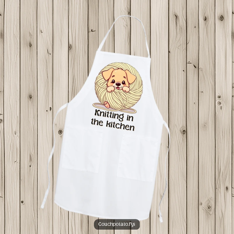 Funny puppy comically tangled in a giant ball of yarn, depicted on a protective apron, ideal for a humorous crafting experience.