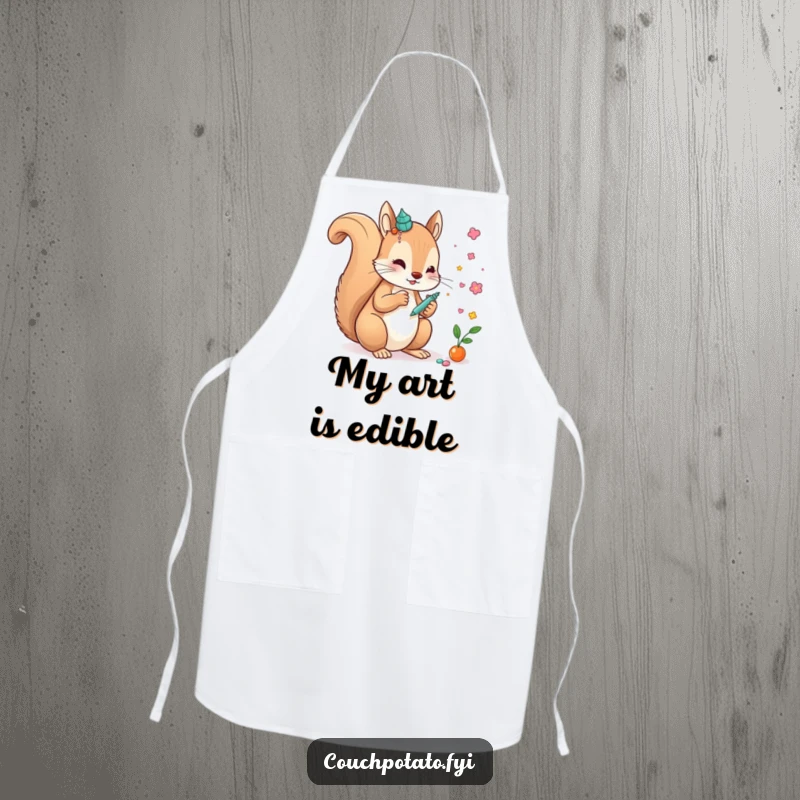 Funny creative squirrel gluing decorative elements onto a whimsical art piece, featured on a practical, funny apron.