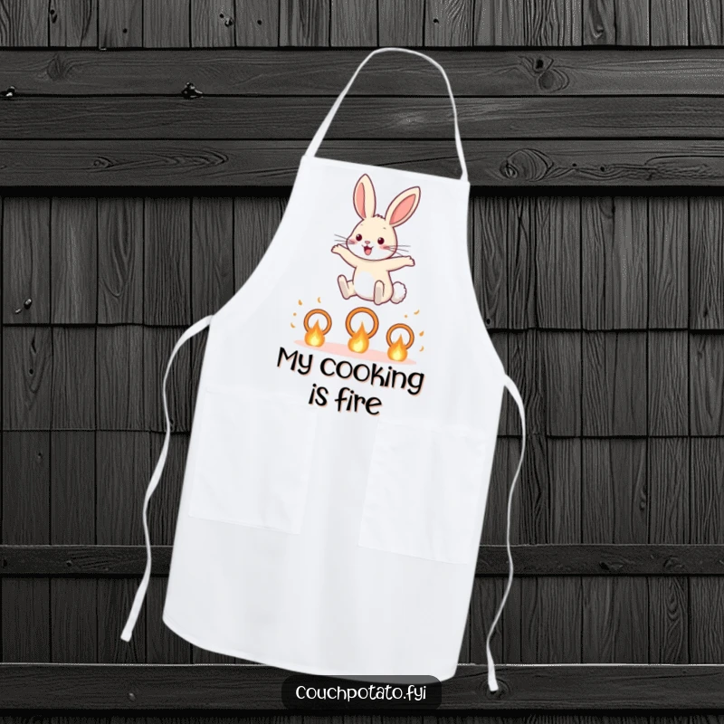 Funny Rabbit Apron: A rabbit bravely jumps through fiery hoops, bringing humor and courage to any kitchen task.