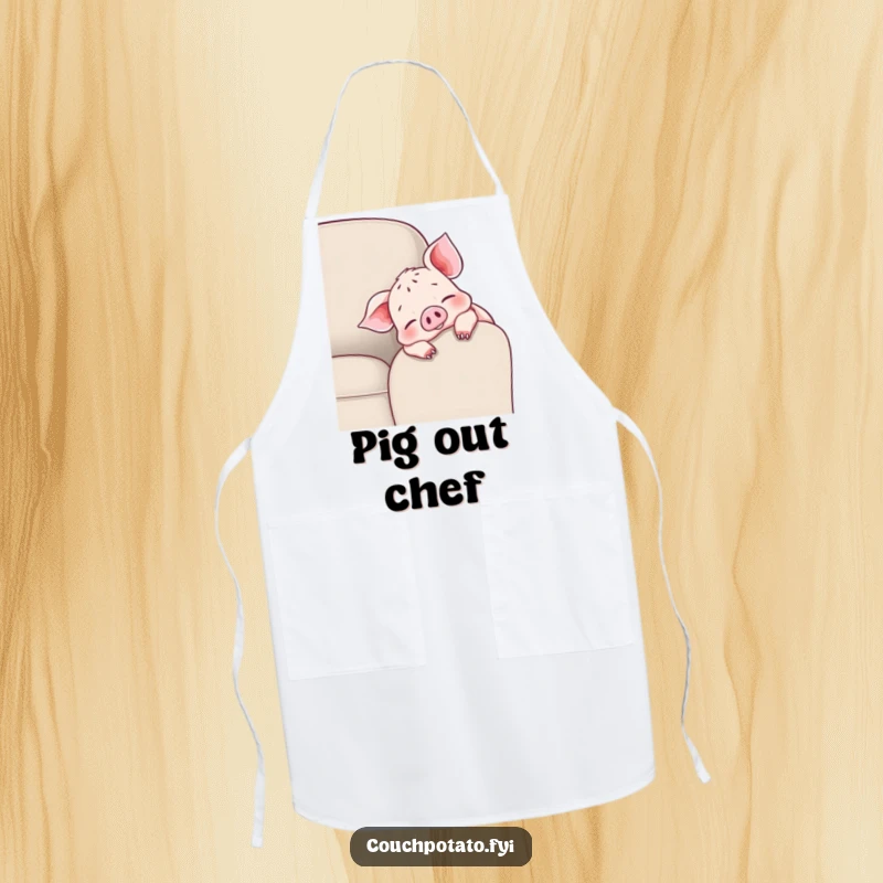 Funny cheerful piglet apron with a piglet draped over a couch armrest, wiggling toes, perfect for cheerful cooking sessions.