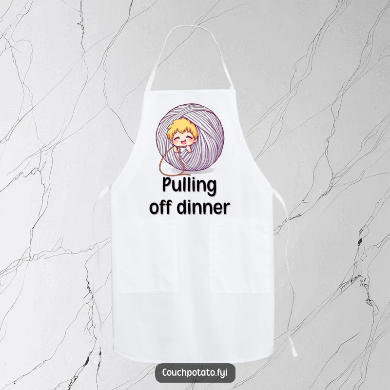 Funny apron with a character grinning while pulling a long thread from a giant ball of yarn, ideal for protecting clothes.