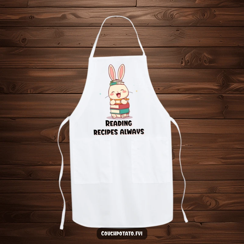 Funny giggling rabbit balancing books on its head while wearing an apron, adding humorous flair to culinary tasks.