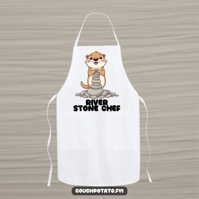 Funny apron showing a cheerful otter diligently building a small tower of pebbles, adding a touch of whimsy to kitchen tasks.