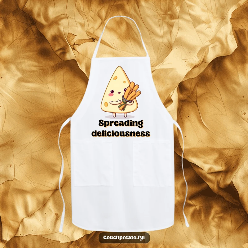 Funny apron featuring a smitten cream cheese character holding a bouquet of tiny breadsticks, ideal for culinary enthusiasts and humor lovers.