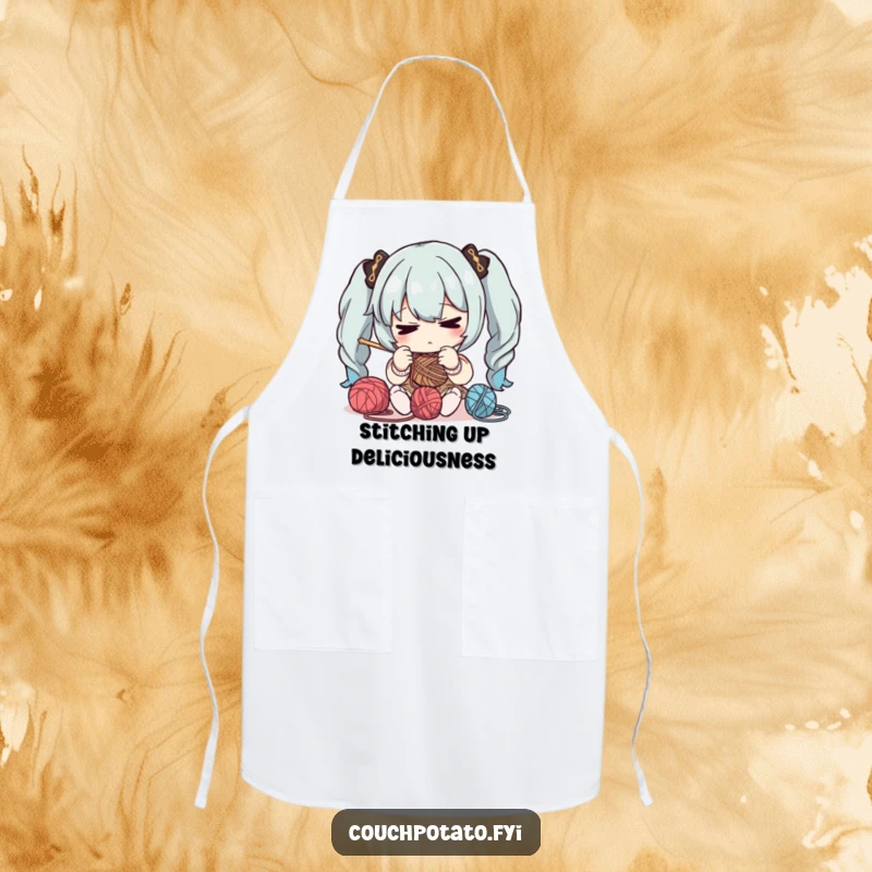 Funny apron showing a character concentrating intently on yarn and needles, designed for protection during detailed crafting.