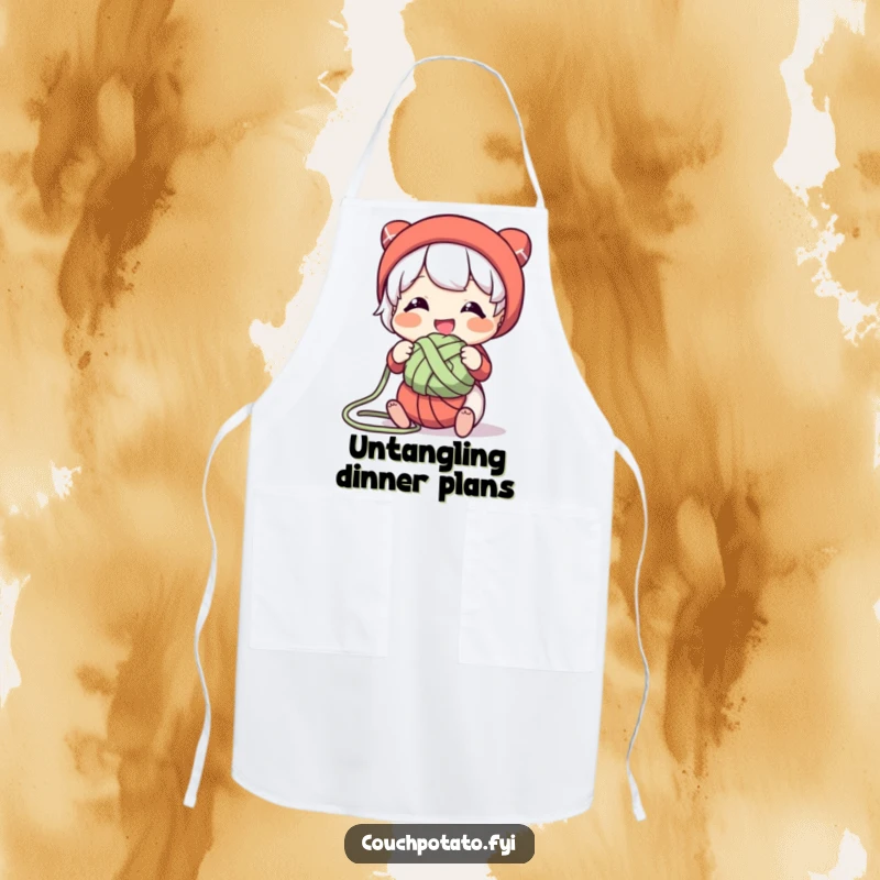 Funny apron showing a character smiling while playfully untangling a knot of yarn, designed for protection and good humor.