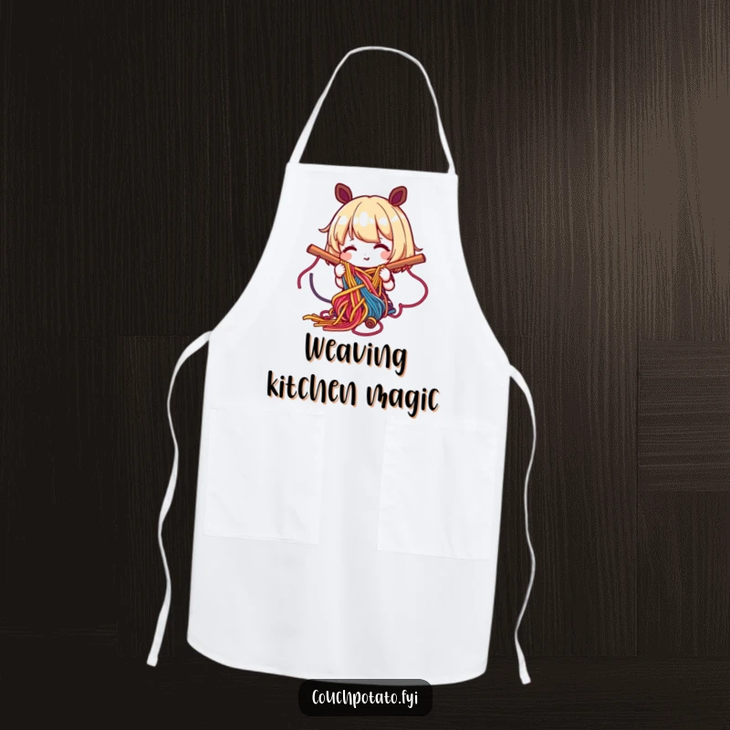 Funny apron with a happy character weaving colorful yarn into a complex pattern, ideal for protecting clothes during detailed work.