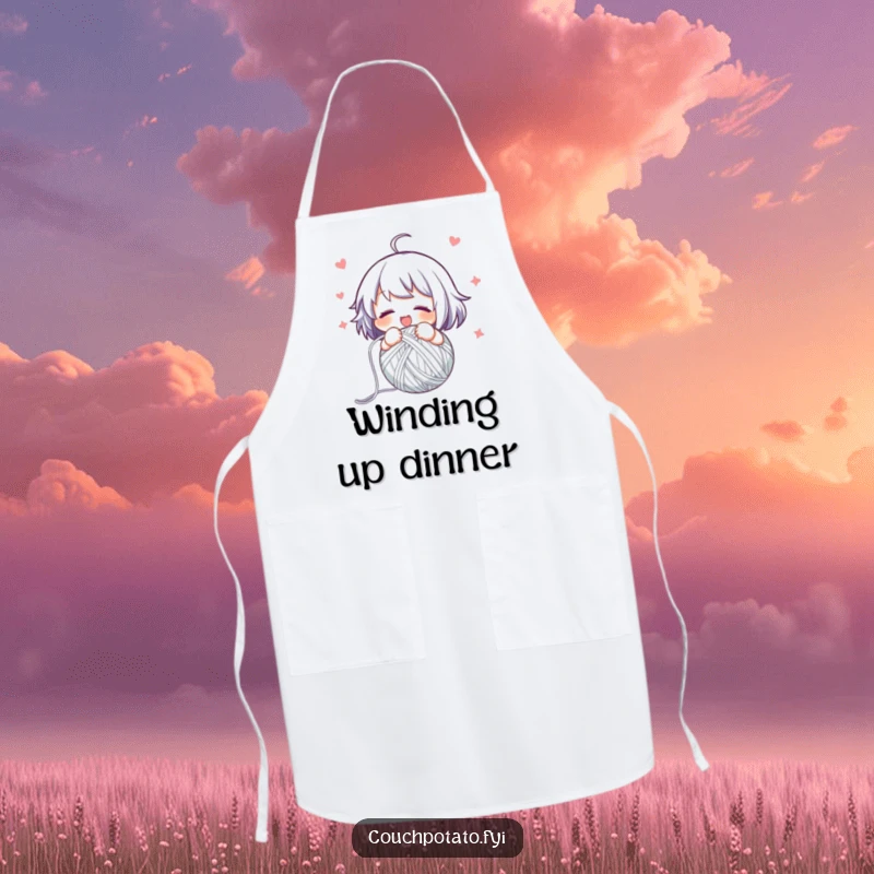 Funny apron with a character swiftly and excitedly winding yarn into a neat ball, ideal for protecting clothes during crafting.