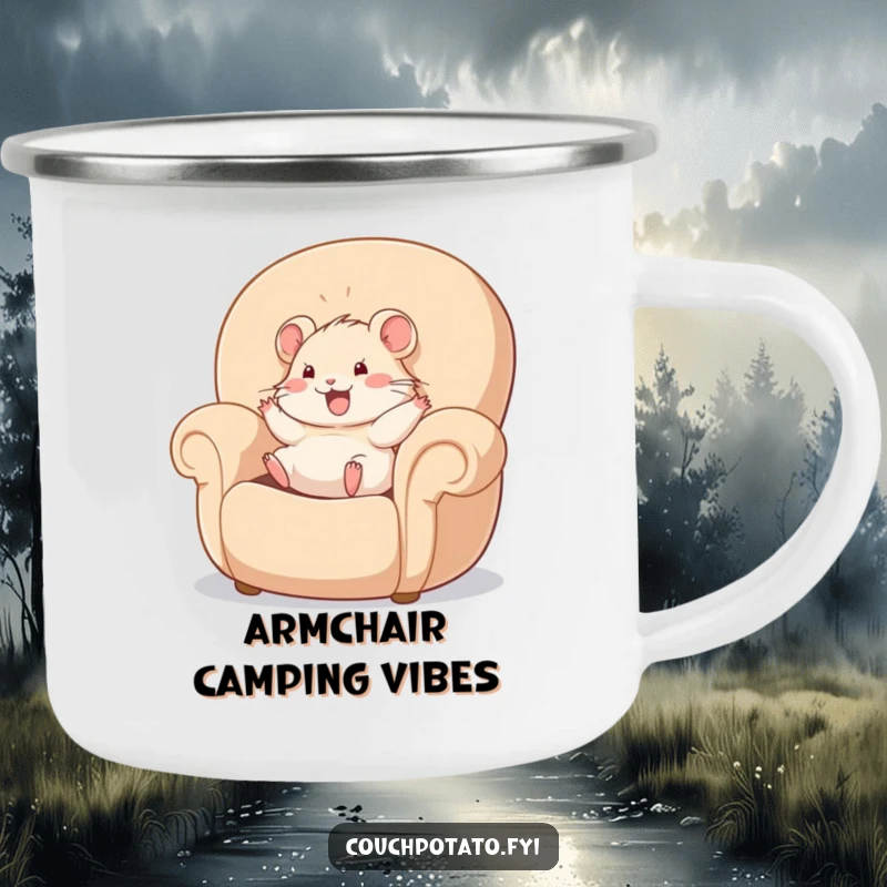 Funny hamster happily rolling in a giant, plush armchair, featured on a durable camping mug, for humorous outdoor relaxation.