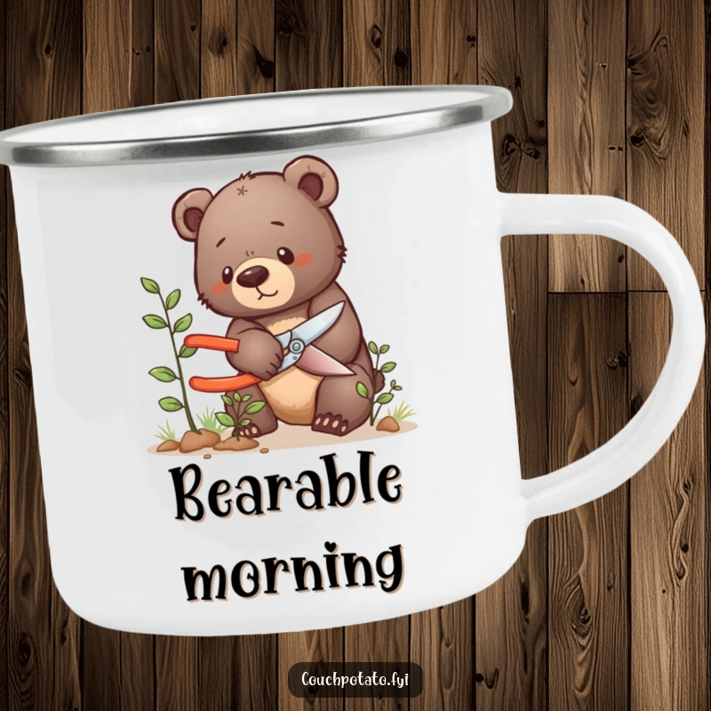 Funny bear cub camping mug, a determined bear cub prunes a tiny bush, great for outdoor drinks.