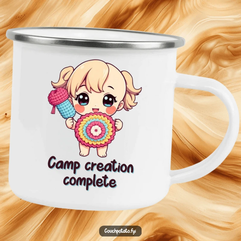 Funny, durable camping mug showing a character proudly presenting a finished crocheted object with a flourish, perfect for celebrating makes.