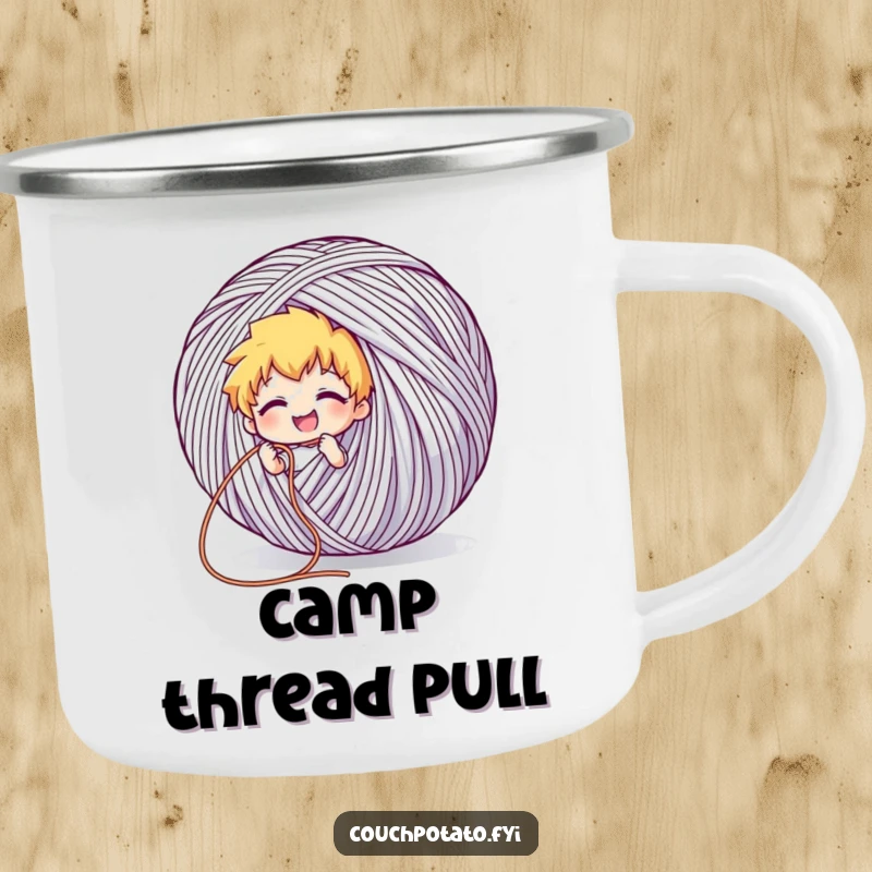 Funny camping mug of a character grinning while pulling a long thread from a giant ball of yarn, celebrating outdoor crafting potential.