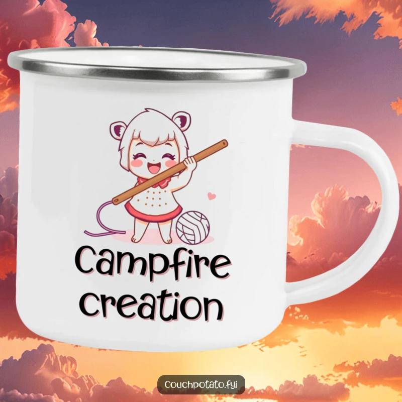 Funny camping mug of a smiling character energetically swinging a large crochet hook with yarn trailing, celebrating outdoor crafting.