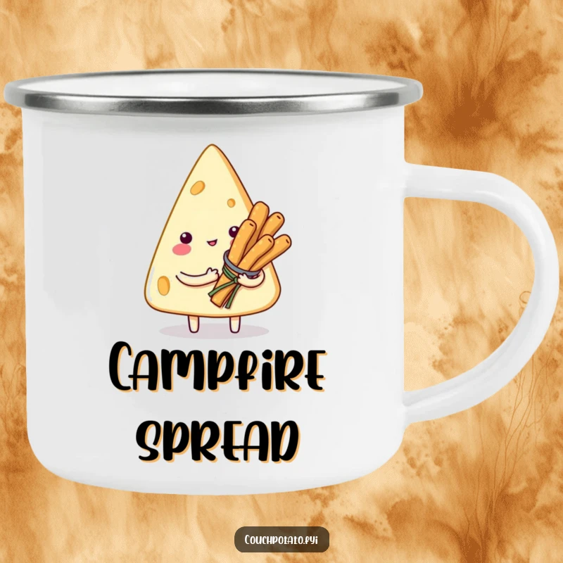 Funny camping mug featuring a smitten cream cheese triangle holding a bouquet of tiny breadsticks, perfect for rugged humor on adventures.
