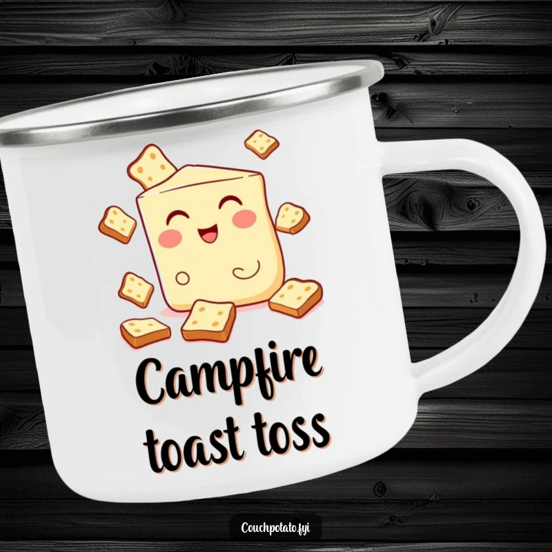 Funny camping mug featuring a winking cream cheese wedge juggling toast, perfect for breakfast enjoyment and humorous trail moments.