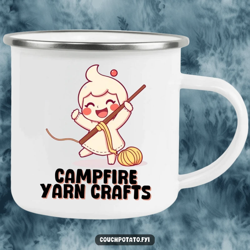 Funny smiling character swinging a crochet hook with yarn trailing, on an enamel camping mug.