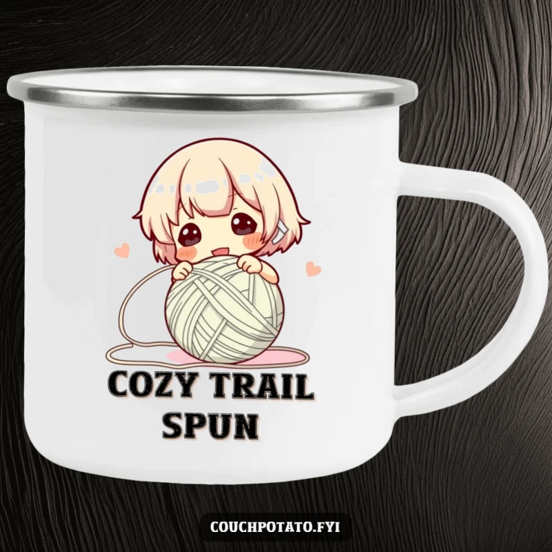 Funny Camping Mug showcasing a character winding yarn swiftly into a neat ball, for outdoor crafters.