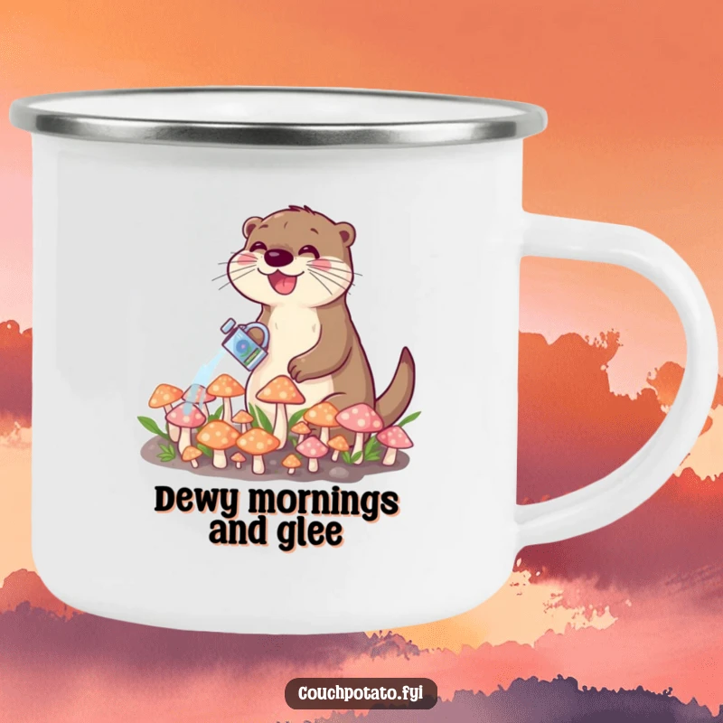 Funny camping mug showing a happy otter watering a patch of small, glowing mushrooms, ideal for outdoor adventures and warm drinks.