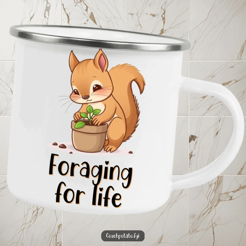 Funny squirrel planter camping mug, a focused squirrel planting a tiny sprout in a pot, sturdy and humorous outdoor drinkware.