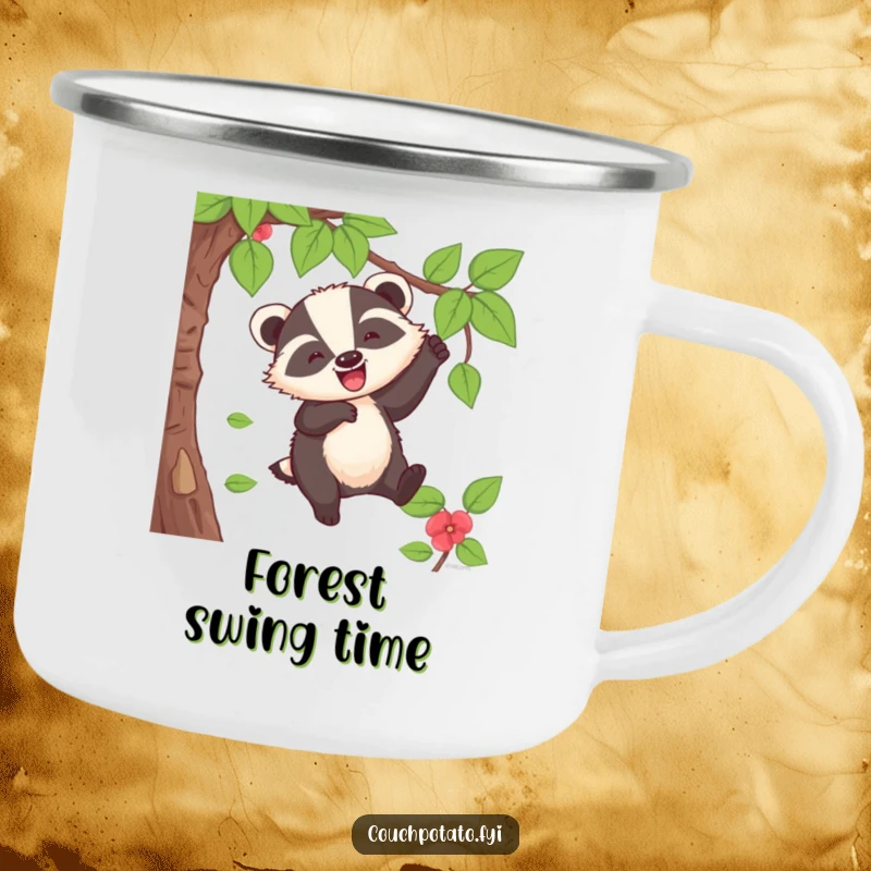 Funny Badger Camping Mug: A cheerful badger swings from a vine with a whoop, perfect for outdoor adventures.