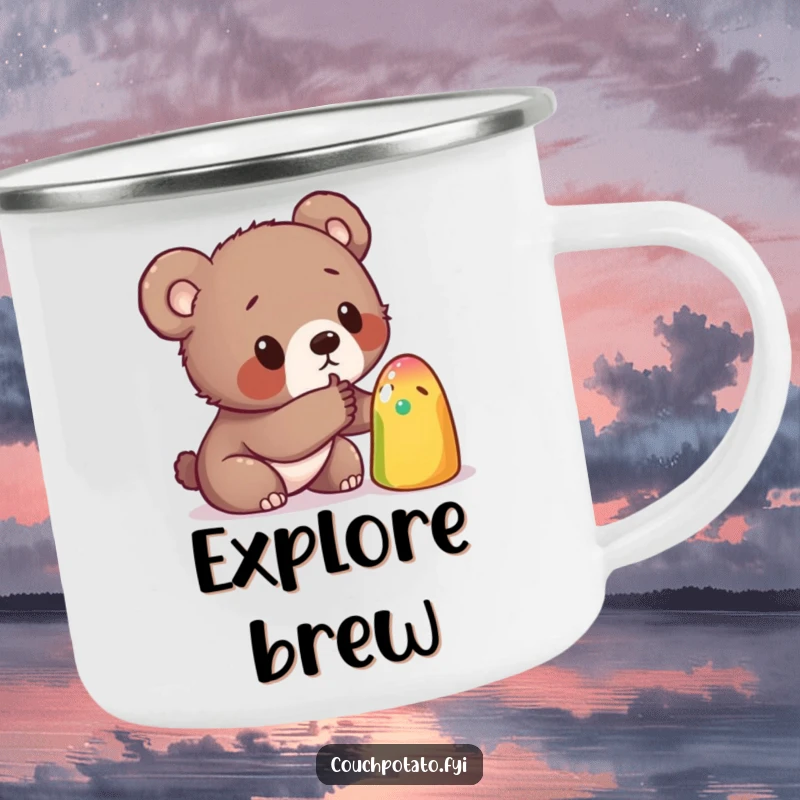 Funny camping mug depicting a curious bear cub poking a strange, colorful object, designed for outdoor enthusiasts who appreciate exploration and humor.