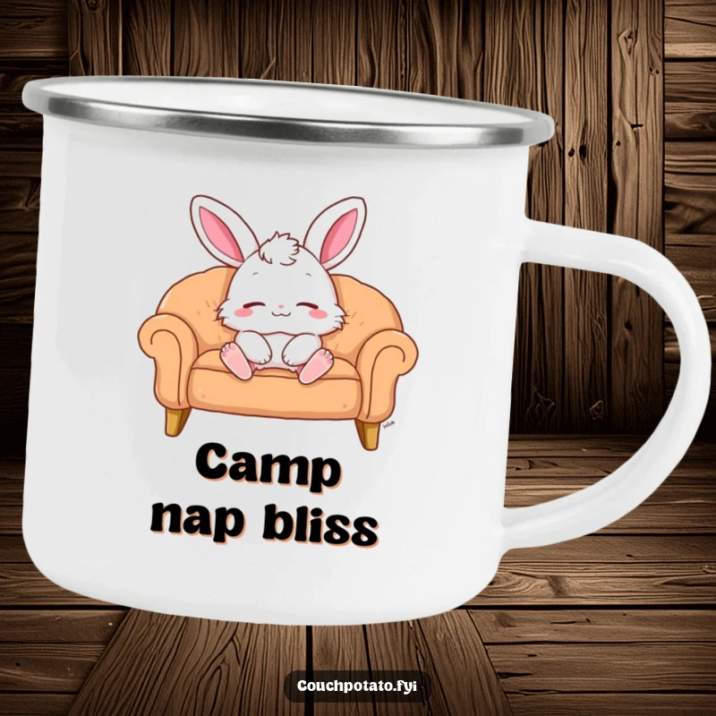 Funny Camping Mug: A fluffy bunny lounges contentedly on a sofa during an outdoor adventure. A rustic funny gift.