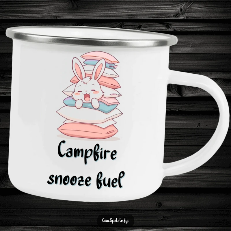Funny yawning bunny balancing a huge stack of pillows, featured on a durable camping mug, perfect for humorous outdoor mornings.