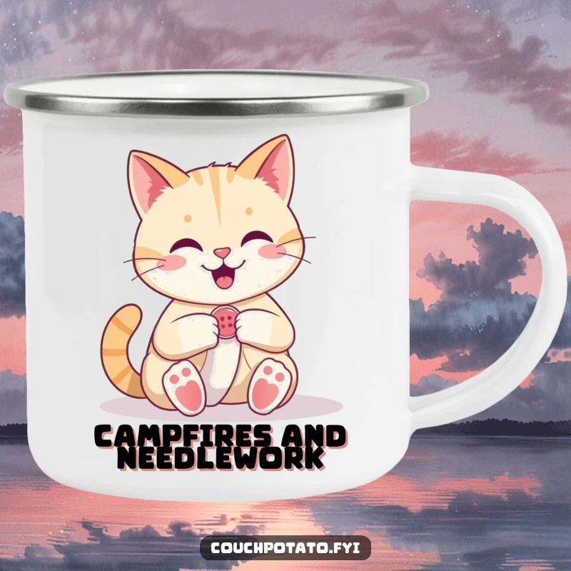 Funny Cat Camping Mug: A happy cat confidently sews a button onto fabric, perfect for outdoor crafting sessions.